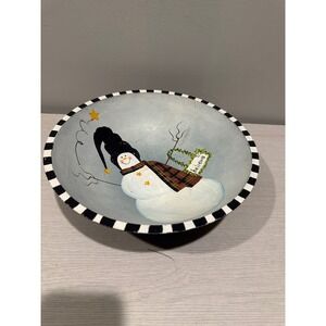 Vintage Hand Painted Snowman Bowl Striped Trim Folk‎ Art Christmas Decor